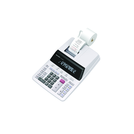 Weißer Tischrechner mit angewinkeltem Display und integriertem Drucker auf einem weißen Untergrund.