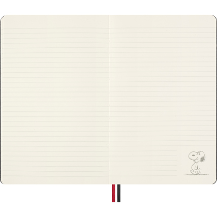 Offene Doppelseite eines linierte Notizbuchs mit Snoopy-Illustration in der unteren Ecke.