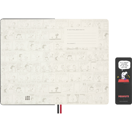 Beige Notizbuch mit Peanuts-Illustrationen und einem separaten Lesezeichen im Bild.