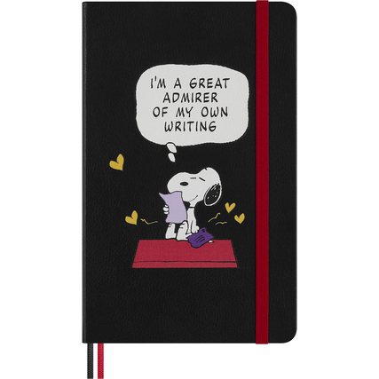 Schwarzes Notizbuch mit Snoopy-Illustration und Sprechblase über das Schreiben.
