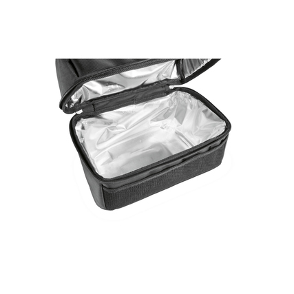 Schwarze Isoliertasche mit offenem 2-Wege-Reißverschluss und isolierter Innenfolie.