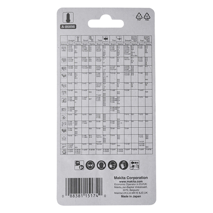 Produktkarte mit Diagramm und Informationen zu verschiedenen Makita Sägeblättern.