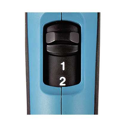 Nahaufnahme des Schaltermechanismus mit zwei Temperatur- und Luftmenü-Stufen des Heißluftgebläses.