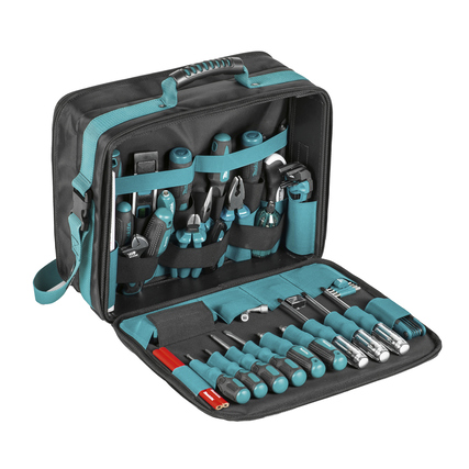 Schwarze Werkzeugtasche mit Werkzeug und Fächern in zwei separaten Bereichen, seitlich geöffnet.