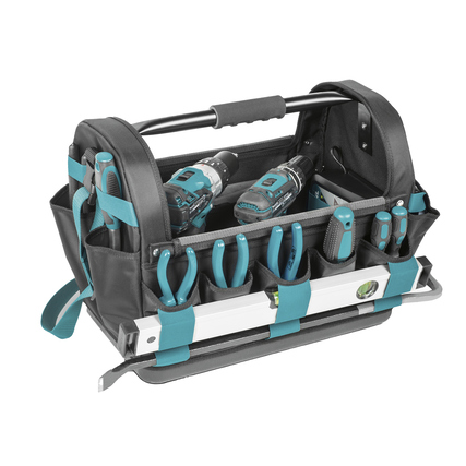 Offene Werkzeugtasche mit Werkzeugen und stabiler Griffansicht von der Seite.