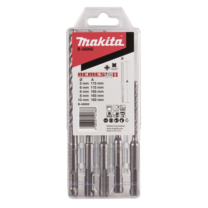 Bohrersatz in Kunststoffverpackung mit fünf Hammerbohrern unterschiedlicher Größen.