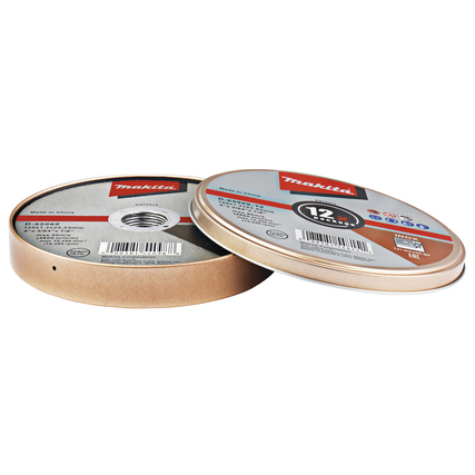 Dünne Trennscheibe für Schleifgeräte in einer runden Verpackung, mit beschriftetem Deckel.