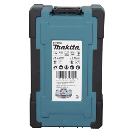 Blauer Koffer mit 25 HSS-GS Metallbohrern in unterschiedlichen Größen und Produktinformation.