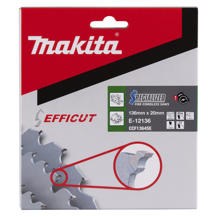 Sägeblatt in Verpackung mit Beschreibung und Spezifikationen für Akku-Maschinen.