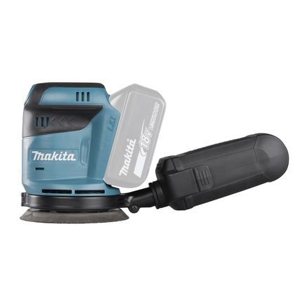 Makita Exzenterschleifer DBO180Z mit Akku-Ansicht und Griff, ohne Akku und Ladegerät.