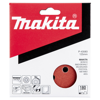 Schleifpapier in roter Verpackung mit der Aufschrift "180" und einem Durchmesser von 125 mm.