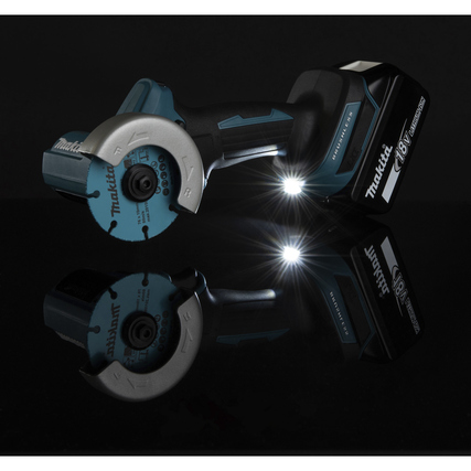 Winkelschleifer mit bürstenlosem Motor und LED-Beleuchtung auf schwarzem Hintergrund.