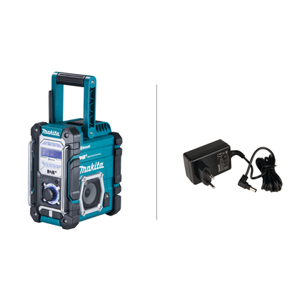 Baustellenradio mit Bluetooth-Funktion und USB-Anschluss, inklusive Ladegerät.