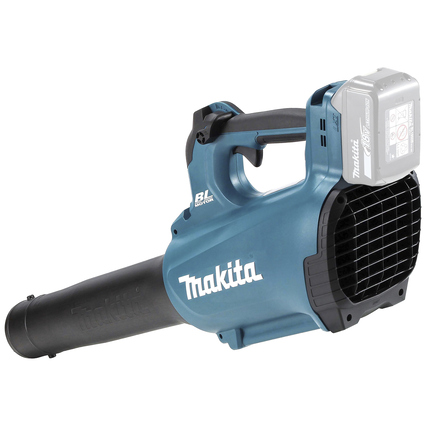 Laubbläser mit abnehmbarem Blasrohr und Platz für einen Akku, in blauer Farbe.