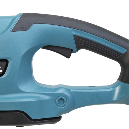 Seitenansicht des Griffs einer kabellosen Heckenschere mit ergonomischem Design.