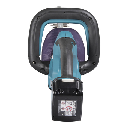 Heckenschere von oben mit ergonomischem Griff und eingesetztem Akku.