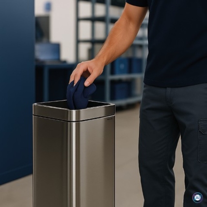 Quadratischer Abfalleimer aus Edelstahl, in Benutzung mit einer Person, die Abfall entsorgt.