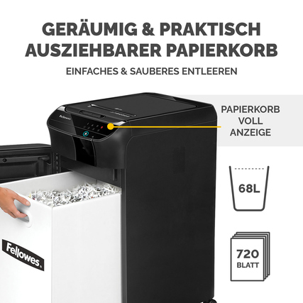 Aktenvernichter mit herausnehmbarem Papierkorb und Anzeige für Füllstand, Beispielanwendung.