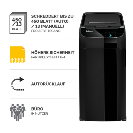 Aktenvernichter in Schwarz mit Bedienfeld, zeigt Funktionen und Anwendungsbeispiel im Büro.