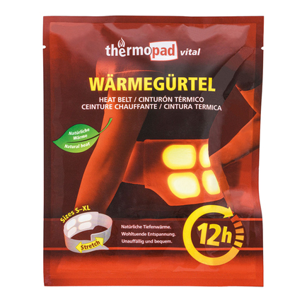 Wärmepad in Verpackung mit Wärmezellen und Größenangabe, geeignet für Rücken und Lendenwirbelsäule.