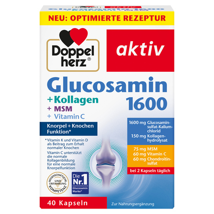 Verpackung des Nahrungsergänzungsmittels mit der Bezeichnung Glucosamin 1600 und Inhaltsstoffen.