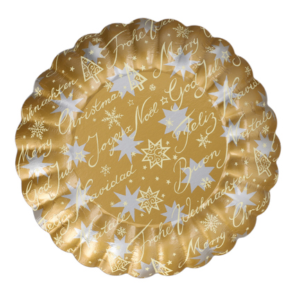 Goldfarbener Weihnachtsteller mit weißen Motiven und Schriftzügen in verschiedenen Sprachen.