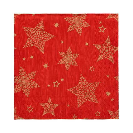 Rote Serviette mit goldenen Sternen und dekorativem Muster.