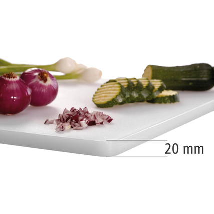 Schneidebrett mit geschnittenem Gemüse und Zwiebeln, sichtbar in der oberen Ansicht, 20 mm dick.