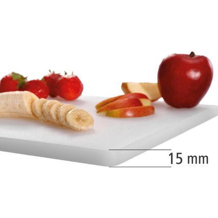 Schneidebrett mit Obststücken, Maße 40 x 30 cm und Dicke von 15 mm.