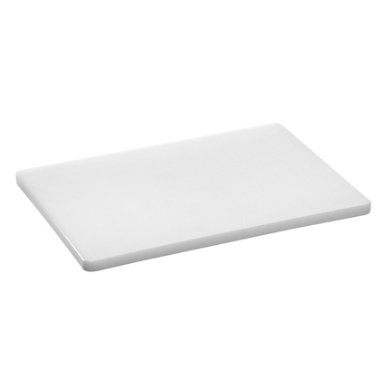 Weißes, rechteckiges Schneidebrett mit der Größe 40 x 30 cm auf einem neutralen Hintergrund.