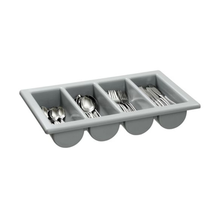 Grauer Besteckkasten mit Fächern für Löffel, Gabeln und Messer, teilweise gefüllt.