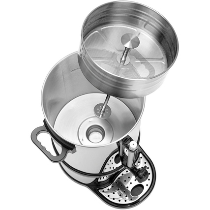 Kaffeemaschine mit Edelstahlfilter und getrennten Heizsystemen, von oben betrachtet.