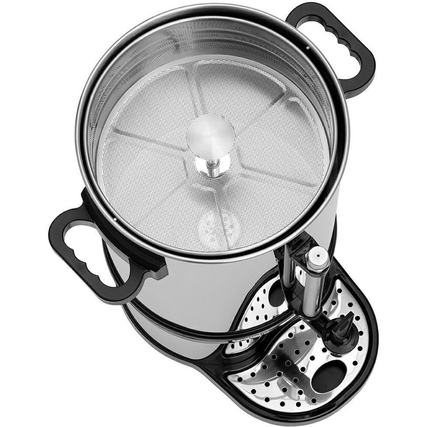 Kaffeemaschine mit Edelstahlfilter und zwei Heizsystemen in Oberansicht.