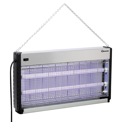Insektenvernichter mit elektrischem Gitter und herausnehmbarer Schublade, hängend montiert.