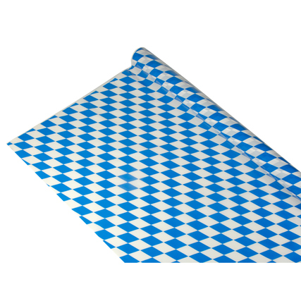 Blaue, wetterfeste Tischdecke mit schwarz-weißer Rautenstruktur, teilweise aufgerollt.