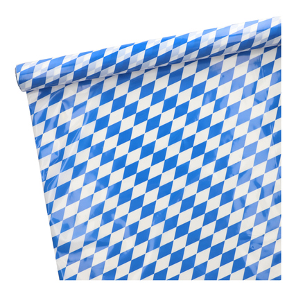 Bayerische Tischdecke aus Folie mit blau-weißen Rauten, etwa zur Verwendung auf Biertischen.