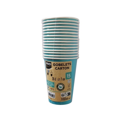 Turquoise disposable cups stacked in a pack of 15, suitable for hot and cold drinks.