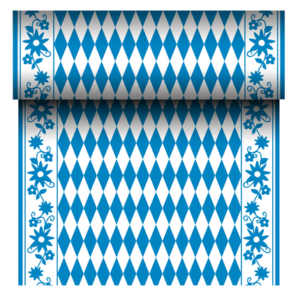 Bayerischer blauer Tischläufer mit Rautenmuster und floralen Motiven.