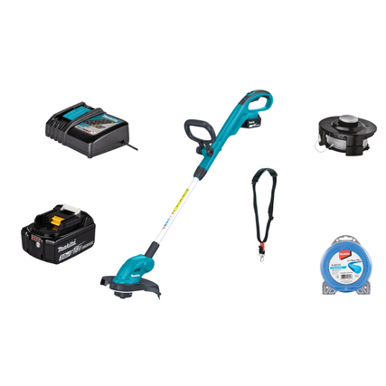 Makita Rasentrimmer mit Akku, Ladegerät, Spulenkopf und Zubehör in einer Produktansicht.