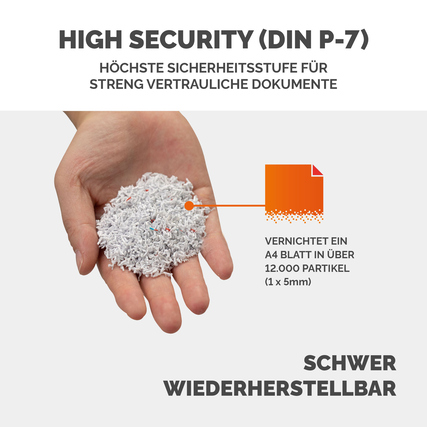 Hand hält eine Menge von zerkleinertem Papier, das in sehr kleine Partikel geschnitten ist.