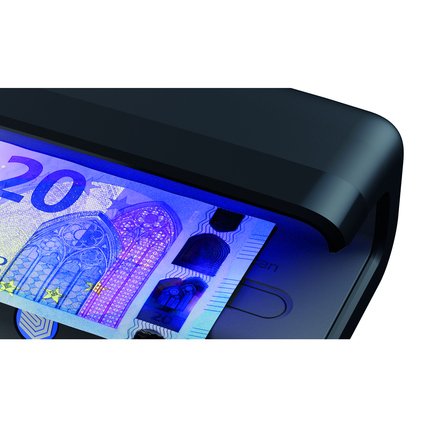 Geldscheinprüfgerät SAFESCAN 55 LED mit sichtbarem 20-Euro-Schein darunter.