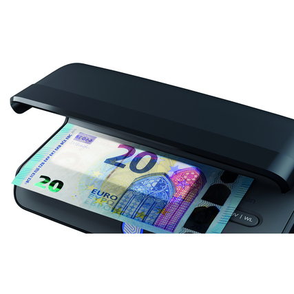 Geldscheinprüfgerät mit einem 20-Euro-Schein unter dem UV-Licht in mattem Schwarz.