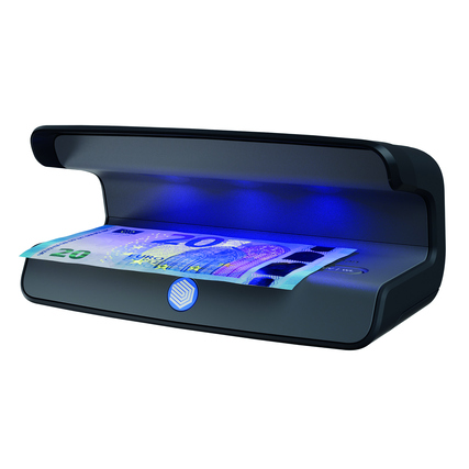 Geldscheinprüfgerät mit UV-LEDs, das eine 20-Euro-Banknote zur Überprüfung beleuchtet.