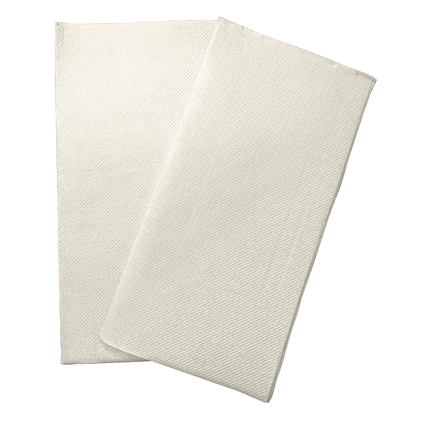 Elfenbeinfarbene Servietten im 1/8-Falz mit mikrogeprägter Struktur und fester Beschaffenheit.
