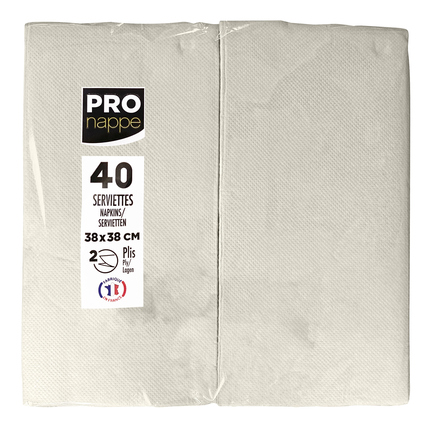 Elfenbeinfarbene Servietten im 1/8-Falz, verpackt mit 40 Stück in einer Blisterverpackung.
