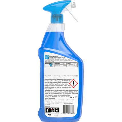 Reinigungsspray in blauer Flasche mit Sprühkopf und Rücketikett.