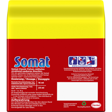 Rotes Verpackungsdesign für Somat Spülmaschinenpulver Classic mit Dosierungshinweisen.