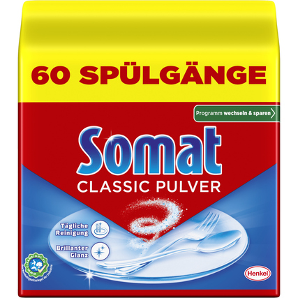 Gelbes Paket mit Somat Classic Spülmaschinenpulver, gekennzeichnet für 60 Spülgänge.