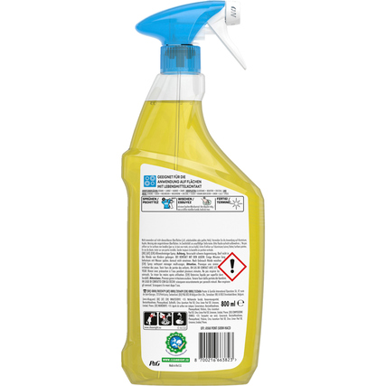 Gelbe Flasche mit Sprühkopf, gefüllt mit Allzweckreiniger, Rückansicht mit Gebrauchshinweisen.