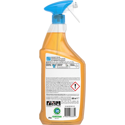 Rückansicht einer Flasche Meister Proper Küchenreiniger mit Sprühkopf und Sicherheitsinformationen.